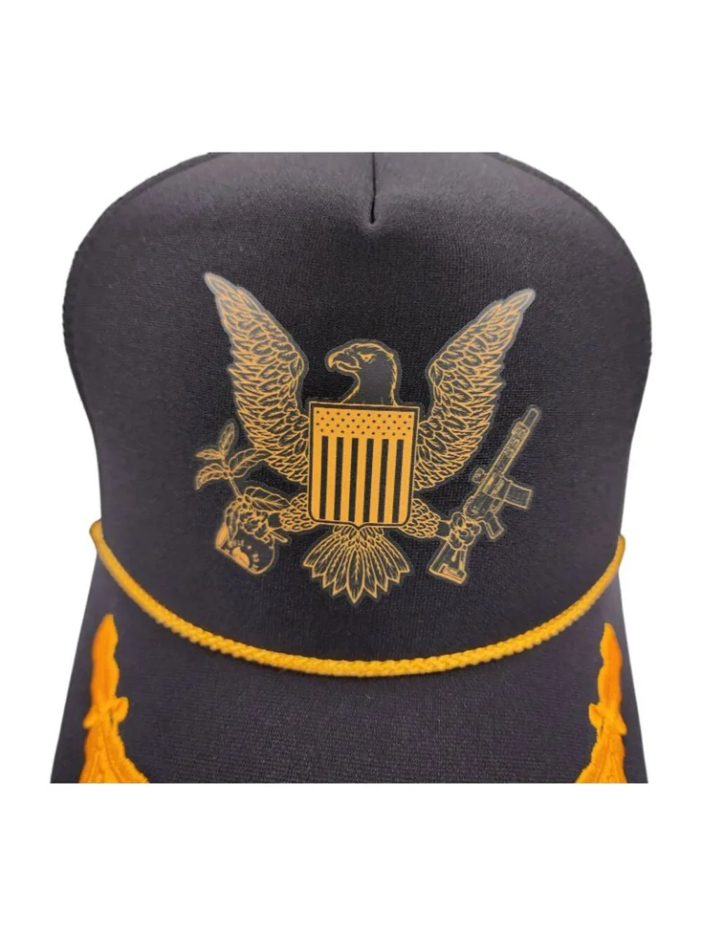 NRA Logo Trucker Hat With Gold Eagle Rope Trim & Embroidered 